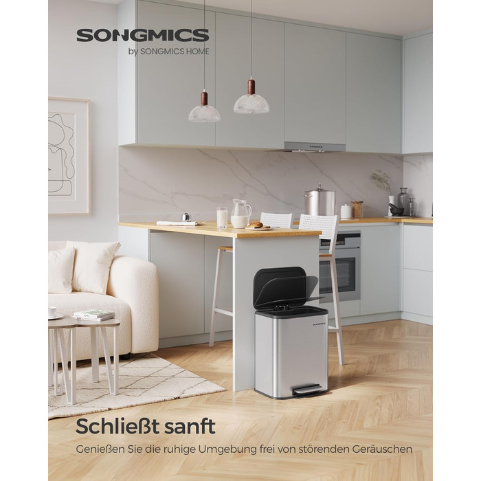 Відро для сміття SONGMICS 20 л з кришкою, з педаллю, сталеве, Soft-close, з внутрішнім відром, біле, LTB542W02