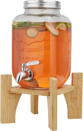 Скляний диспенсер для напоїв на підставці 4л з нержавіючою сталею та бамбуком