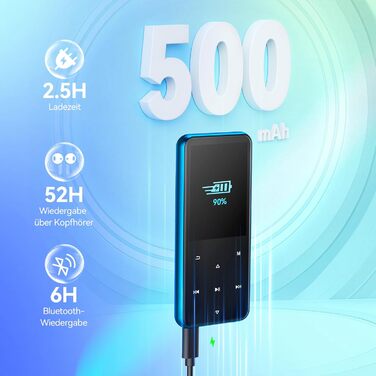 MP3-плеєр AGPTEK 64GB Bluetooth 5.3 з TFT екраном, FM-радіо, підтримкою до 128GB, функцією запису та E-Book (синій)