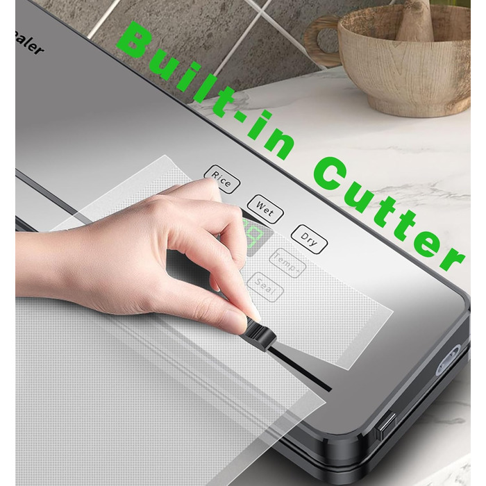 Вакуумний пакувальник ESoundvol 8-в-1 з контролем температури, вбудованим різаком та LED-дисплеєм для зберігання продуктів, 10 пакетів