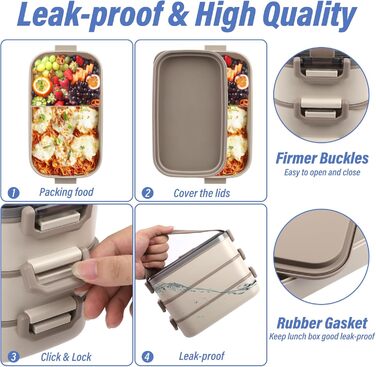 Ланчбокс Brotdose 3-х ярусний на 2200 мл з посудом, для дорослих, без BPA, підходить для мікрохвильової печі, бежевий