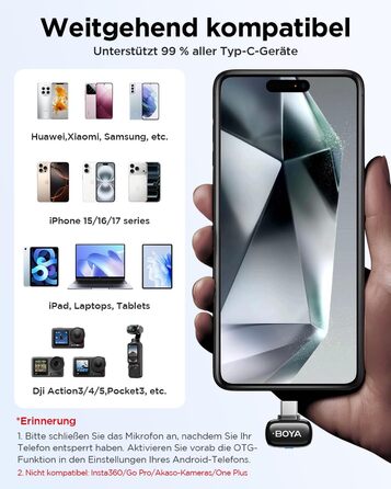 BOYA Mini 2: Бездротовий петличний мікрофон USB-C для iPhone/Android (48kHz/24Bit)