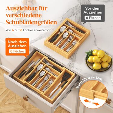 Органайзер для столових приборів Lifewit в шухляду, бамбуковий, 33x25-42x47 см, висувний лоток для ложок, виделок, ножів