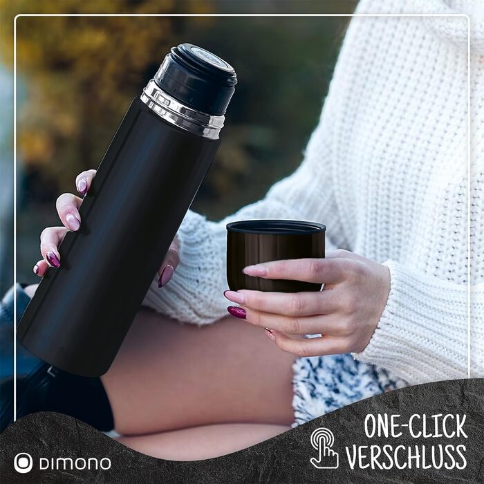 Термос з нержавіючої сталі з чашкою та щіткою; термос-каструля з подвійними стінками; не протікає, придатний для миття в посудомийній машині & BPA-free + щітка для чищення; зберігає напої гарячими та холодними (Чорний - 1000 мл)