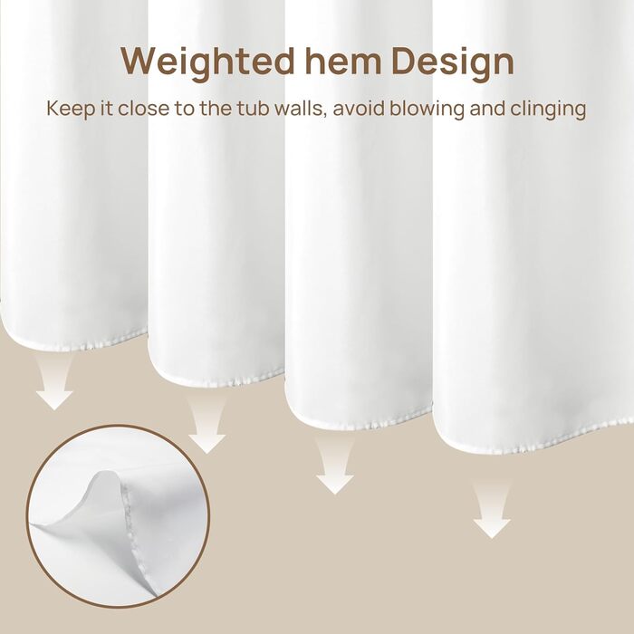Штора для душу 180x180 см льон, біла - водонепроникна, з обтяженим краєм, з кільцями (12 шт.) для ванної кімнати