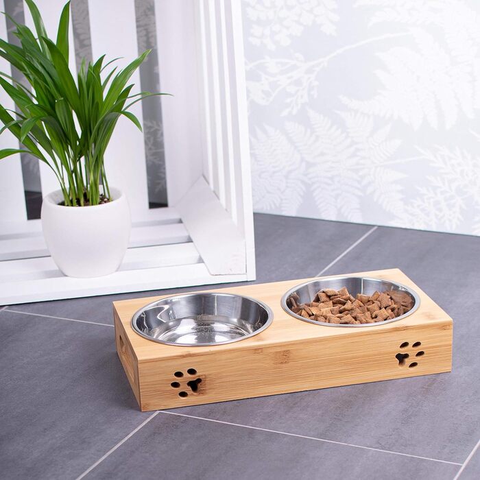Станція для годування домашніх тварин LAUBLUST: підставка для мисок з бамбука, 2 нержавіючі миски | для собак та котів, розмір 31 x 15 x 6 см | M