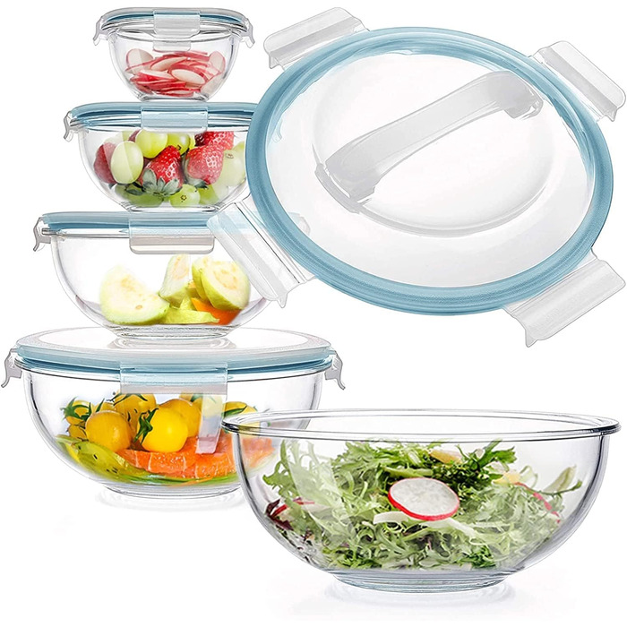 Luvan Glass Bowl Set with Lids, 5-Piece Glass Bowl Set (0.18L, 0.5L, 1.0L, 2.0L, 3.5L), Glass Salad Mixing Bowls Round, BPA-Free, for Cooking, Baking, Preparing, and Storage