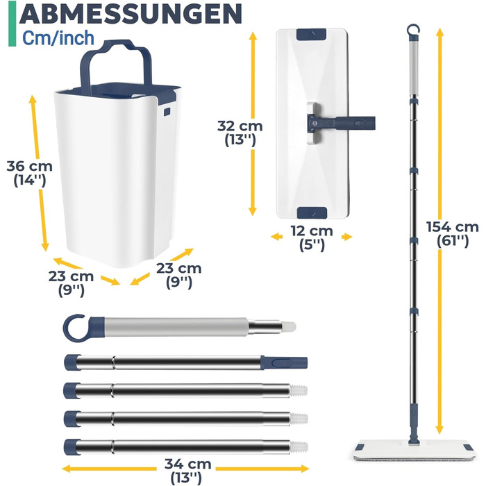Набір для миття підлоги з відром, система чистої води, розділення чистої та брудної води: ультра-гігієнічний, легке прибирання, повний набір для миття підлоги, плоский моп, самоочищення, мікрофібровий накладний матеріал