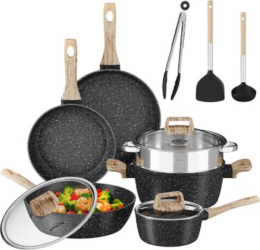 Набір посуду HOMELUX Induktion: 12 предметів, алюміній, антипригарне покриття, з кришками, без PFOA/PFOS, чорний