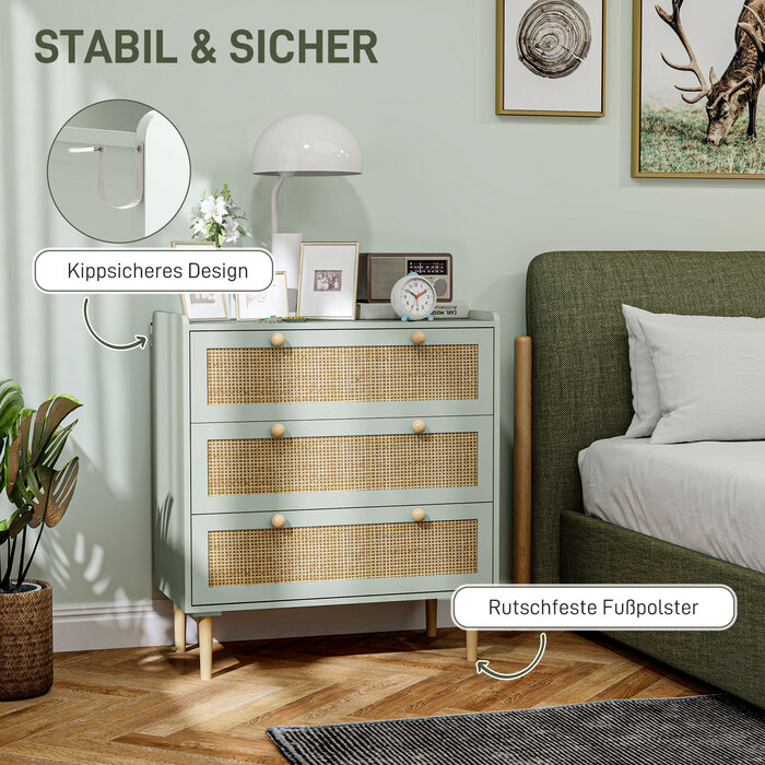 HOMCOM Bedside Table/Chest of Drawers with 3 Drawers, Sideboard with Boho Style, Rattan Look, Chest of Drawers for Living Room, Bedroom, Light Blue 80 x 40 x 87.5 cm | Aosom