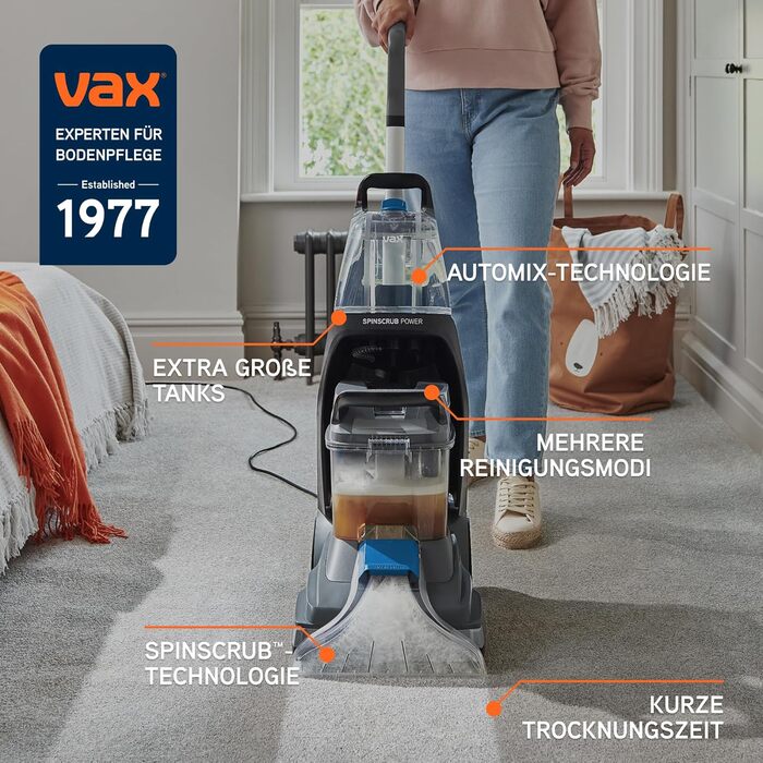 Vax SpinScrub Power Plus: Пристрій для чищення килимів та м'яких меблів. Ефективне видалення плям, швидке висихання, великий бак, технологія SpinScrub.