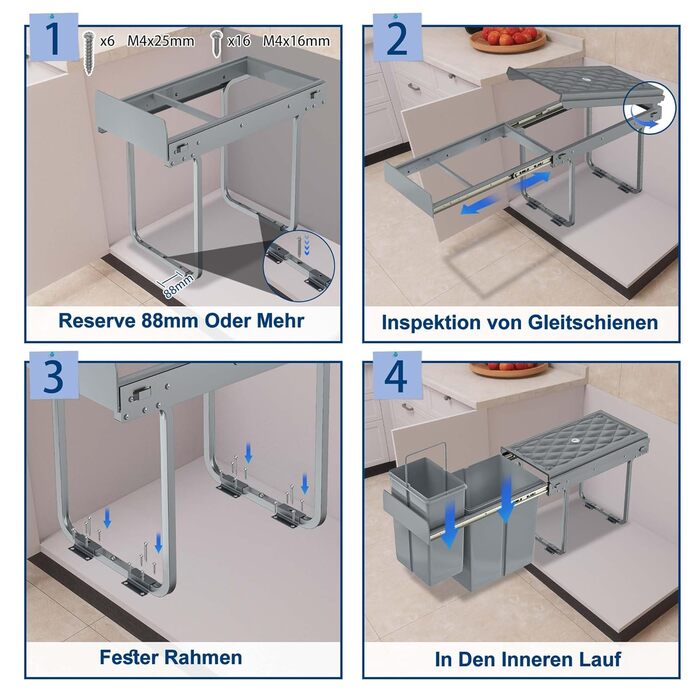 Вбудований контейнер для сміття HENGMEI з висувними ящиками для сортування, сірий (1x20L + 2x10L)