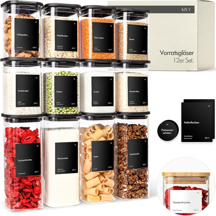 12 шт. скляні контейнери для зберігання KIVY – чорні, повітряно-непроникні, з кришкою