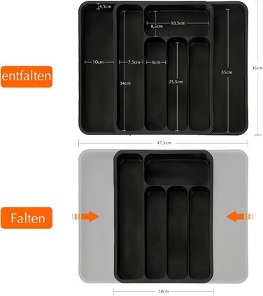 Органайзер для столових приборів в шухляду (28-47.5 см, XXL, чорний) - Розсувний лоток для ложок, виделок, ножів