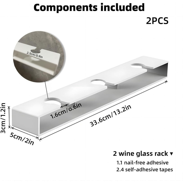 Кріплення для келихів вина на шию, самоклеючі тримачі для келихів, підвісна полиця для келихів вина, полиця для келихів без свердління під шафу, кріплення для келихів на барі (білий 1, 2)