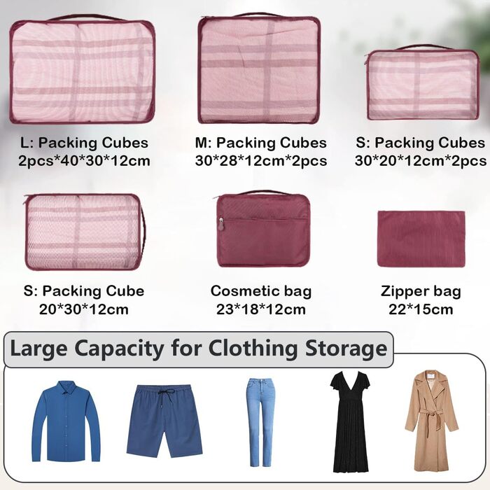 Органайзер для валізи 12 шт. Set, водонепроникні кубики для пакування, тревел-органайзер для сімейних подорожей, зберігання вдома (Бордовий, 12 шт.)