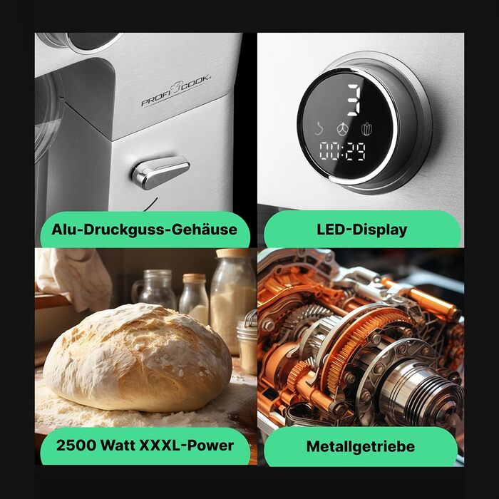 Кухонна машина ProfiCook KM 1254 з великою чашею 12л, потужний 2500W мотор, металеве редуктор та LED-дисплей | Харчовий процесор для тіста до 8,5 кг, 13 швидкостей