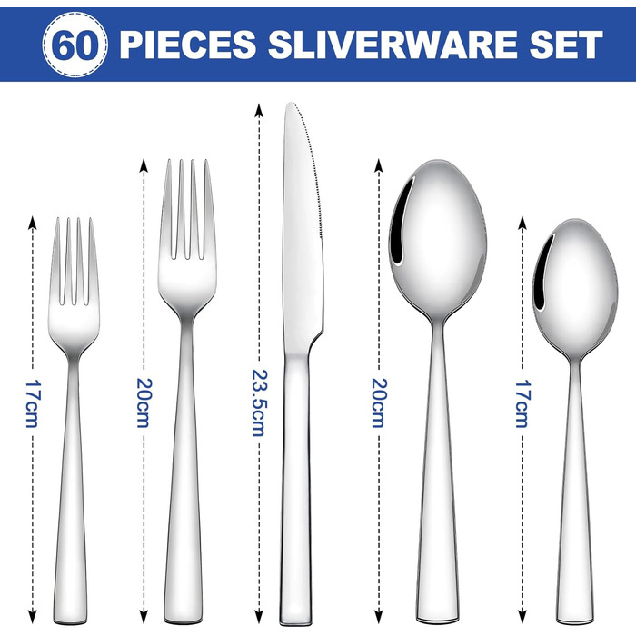 60-Piece Cutlery Set for 12 People, Wildone Premium Stainless Steel Highly Polished Cutlery Set, Durable for Home Kitchen Use, Including Fork, Knife, and Spoon Set