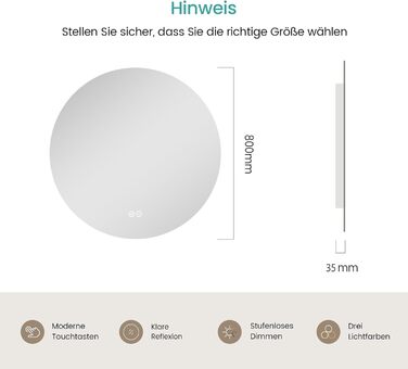Дзеркало для ванної кімнати EMKE круглої форми з підсвічуванням 80 см - кругле дзеркало з 3 кольорами світла, регулюванням яскравості, сенсорним управлінням, функцією пам'яті та енергозбереженням. Розміри: 80 см x 80 см