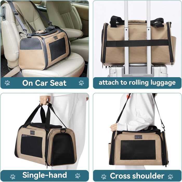 Транспортна переноска для котів та маленьких собак Petsfit, легка сумка-переноска для собак та котів, підходить для подорожей літаком, з ременем безпеки та розширеним килимком, S/Khaki