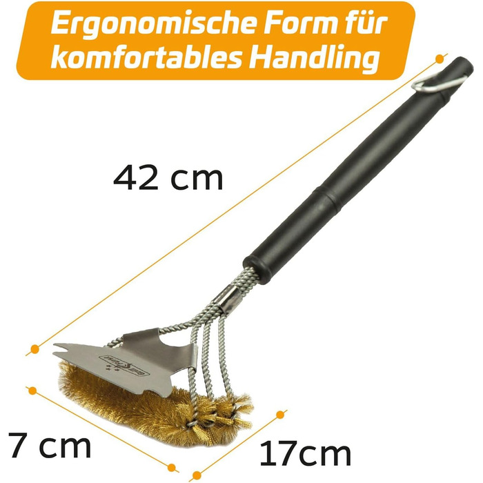 3X Grillfürst Premium Grill Brush with Brass Bristles, 45 cm - Grill Cleaning Brush for Grill Grates, Grill Grate Brush with Wide 3-Section Brush Head and Scraper
