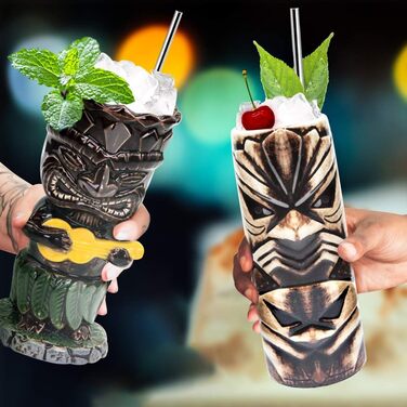 Tiki Toss Set, Hawaiian Party Ceramic Cups, for Cocktails, High-Quality Cup Set with 4 Cups for Exotic Parties - TJB02
