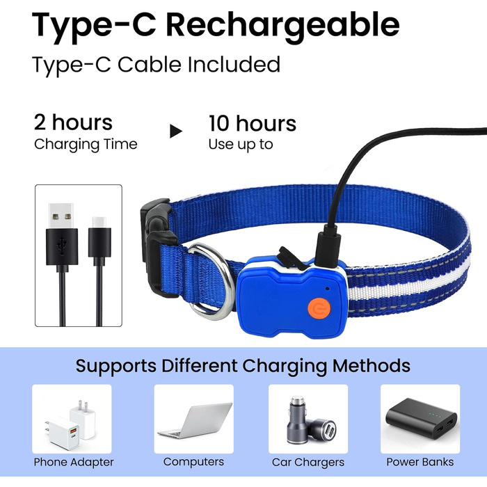 Світлодіодна нашийник для собак ASBRILL з підзарядкою, 7 кольорів RGB, 8 світлодіодів, регульований, вологостійкий, для малих, середніх та великих собак (S, Blue)