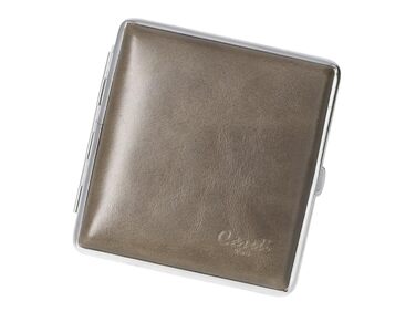 Leather cigarette case, 9.5 x 8.5 x 2 cm, holds 20 cigarettes with elastic band (Gray)