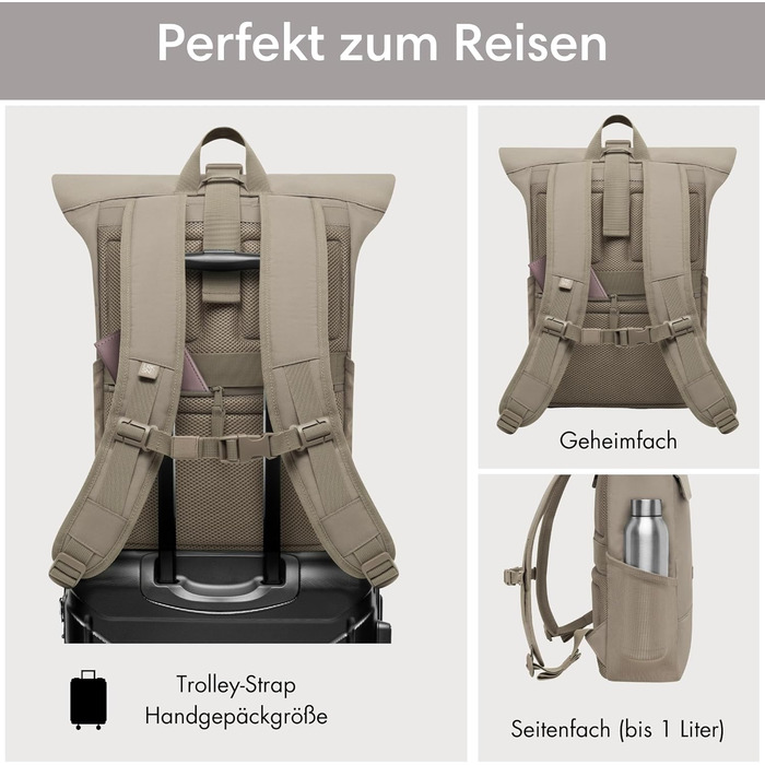Рюкзак для жінок і чоловіків No 4 Rolltop із відділенням для ноутбука, для університету, роботи та велосипеда, великий дорожній рюкзак, водовідштовхувальний (гравій)
