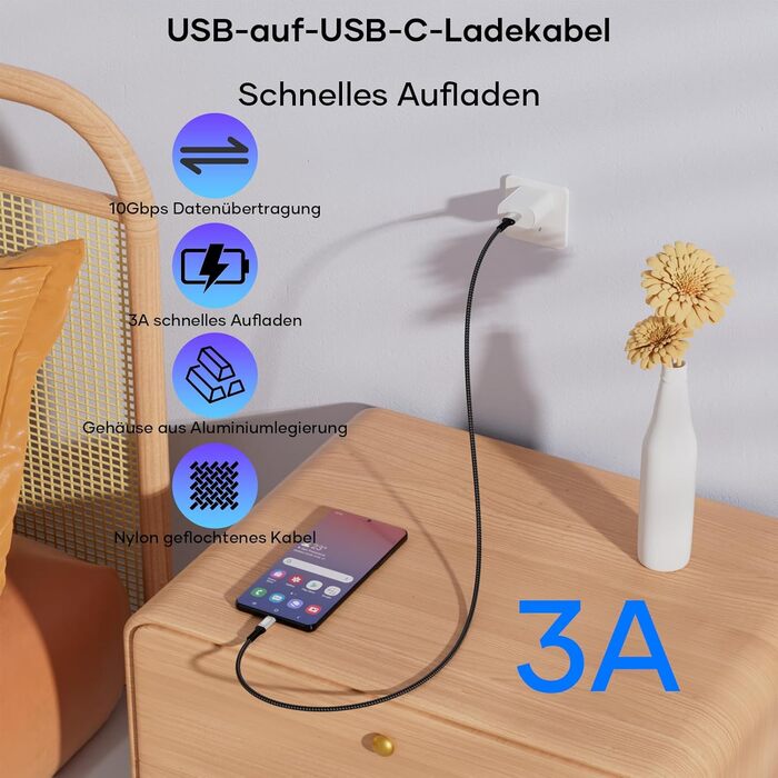 Кабель USB-A на USB-C 0.5м, 10 Гбіт/с, 60W, 3A, для iPhone 16/15/Pro Max, Samsung Galaxy S24/S23/S22/S21, iPad Pro, SSD та інших пристроїв