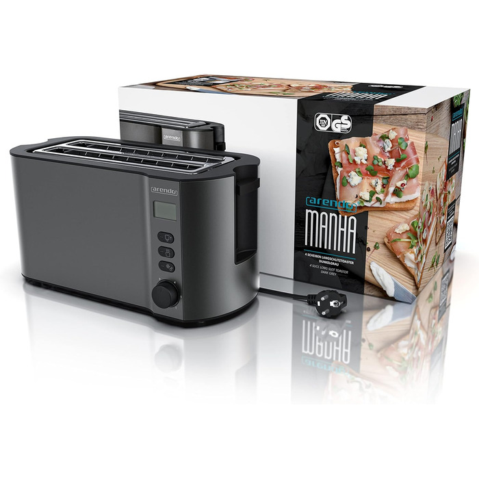 Тостер Arendo з нержавіючої сталі з 4 широкими слотами, подвійні стінки, вбудований тримач для булочок, 6 ступенів підсмажування, центрування хліба, автоматичне відключення, дисплей з відображенням часу (A: Cool Grey)