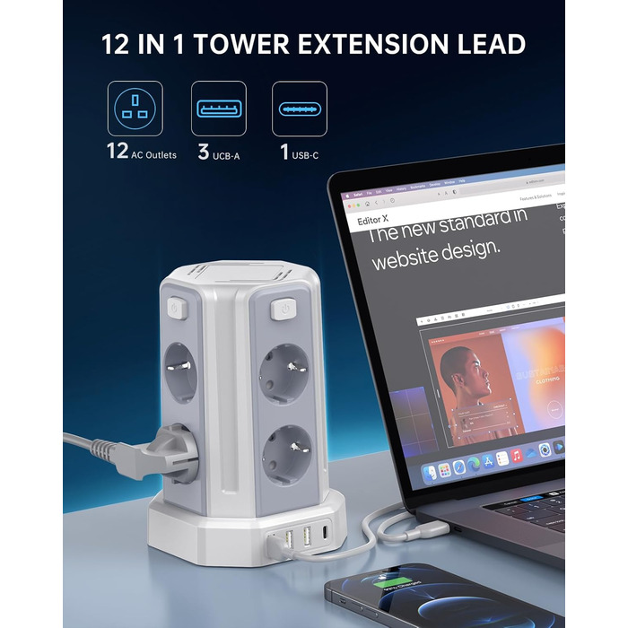 Многорозеткова мережева панель Sameriver з 4 USB, захист від перенапруги, з вимикачем, 8 розеток, 5 м, біла