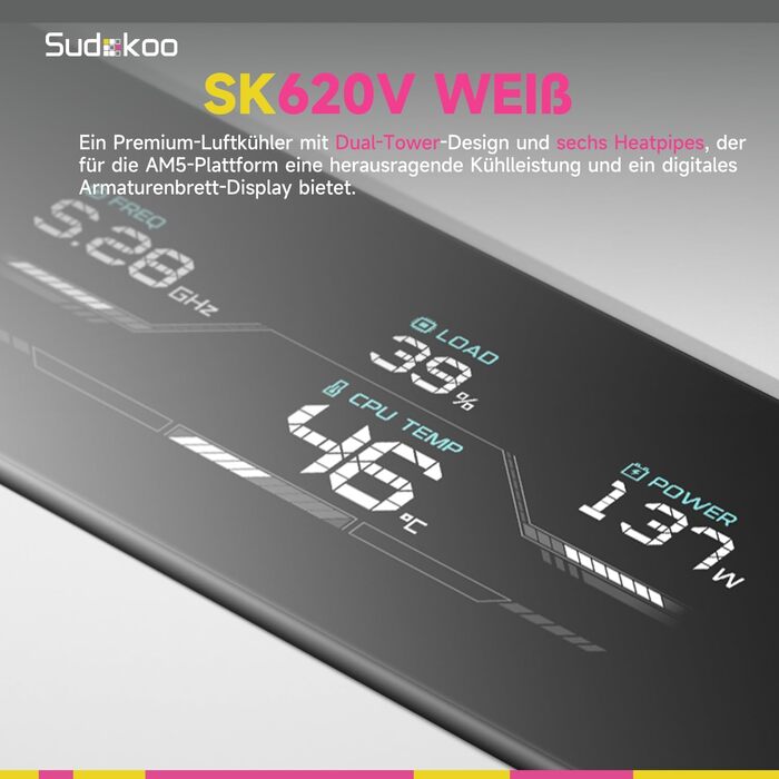 Кулер для процесора Sudokoo SK620V White AM5: двосекційний повітряний охолоджувач з цифровим дисплеєм, 6 теплотрубками та 2 вентиляторами PWM FDB 120мм, білий