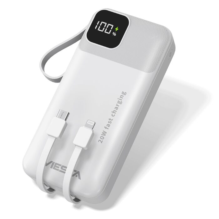 Універсальний зовнішній акумулятор All-IN-ONE Powerbank 10000 mAh чорний: швидка зарядка 22.5W, PD 20W, бездротова зарядка 15W, зарядний пристрій для Apple Watch, вбудовані кабелі USB-C та Lightning, LED-дисплей, алюмінієва підставка