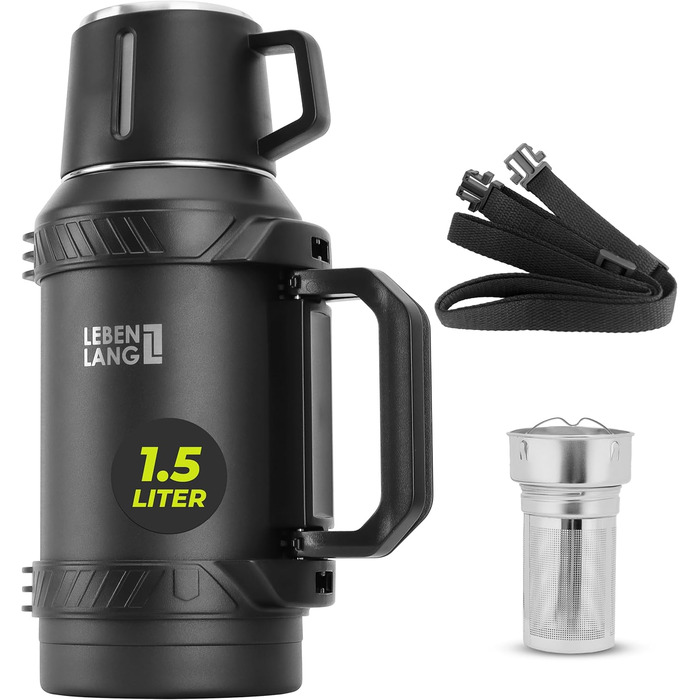 Термос LEBENLANG 2,5 л з чашкою, ситом для чаю та ремінцем | Фляга-термос з нержавіючої сталі, 24 години зберігання тепла | Ізотермос, термокружка