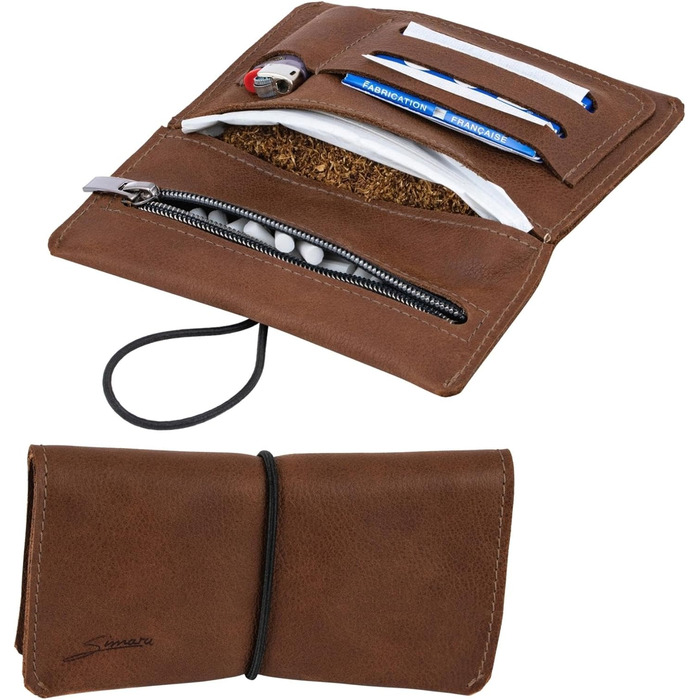 SIMARU Leather Tobacco Pouch for 30g Tobacco Bag, Roller Pouch made of Genuine Leather with Filter Compartment & Rolling Paper Holder (Brown)