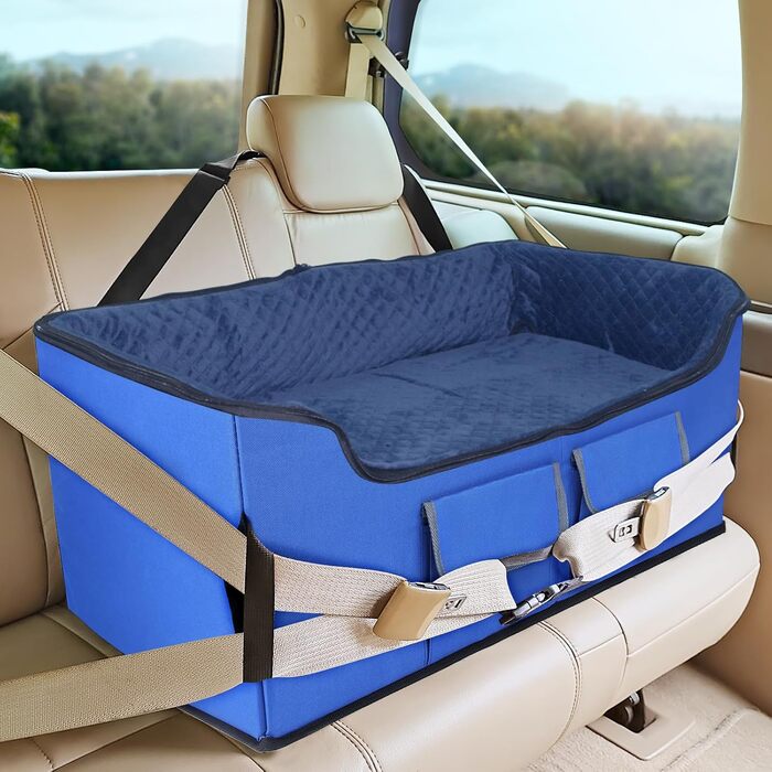 Stable Multi-Pet Car Seat Booster with Safety Belt for Medium Dogs, Washable & Large Capacity Reinforced Dog Basket for Rear Seat (Blue, L)
