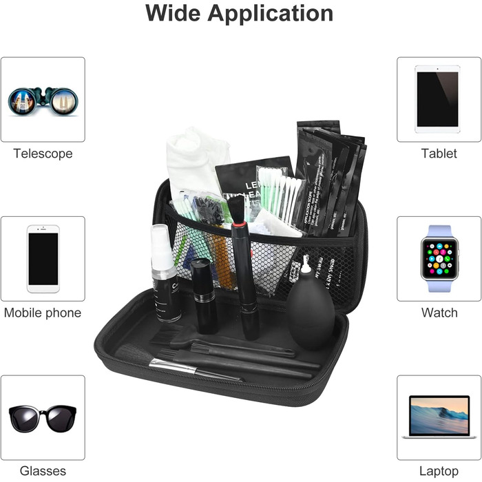 Набір для чищення камери 20-в-1: об'єктиви, фільтри, смартфони. Комплектація: стік, щітка, повітряний дмухник, мікрофібра.