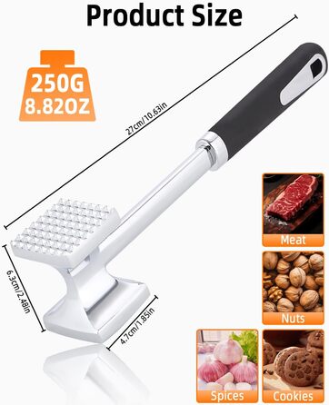 Fleischhammer Bixury 27 см з нержавіючої сталі, двосторонній молоток для м'яса, для приготування шніцелів, котлет, стейків
