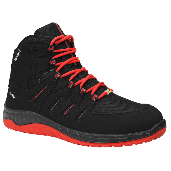 Робочі черевики ELTEN Maddox Black-red Mid ESD S3S, текстильні, з металевим носком, легкі, спортивні, 44 EU (жіночі та чоловічі)