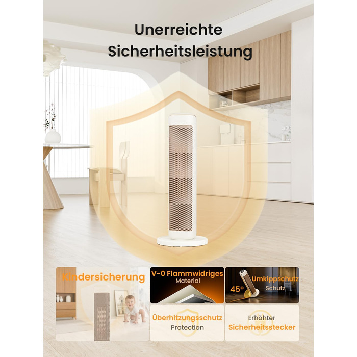 Електричний обігрівач AIRMATE 63см: керамічний, тихий, з термостатом та осциляцією, 3 режими, таймер, 2000W, захист від перегріву, білий