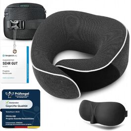 Подушка для шиї Proglobe, 100% Memory Foam, ортопедична, для подорожей (літак, авто, поїзд), з 3D-маскою для сну, сітчаста сумка (темно-сіра)