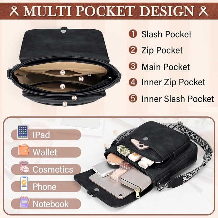 Сумка жіноча RAINSMORE через плече середнього розміру, шкіряна PU, чорна. Кросбоді сумка з широким ременем