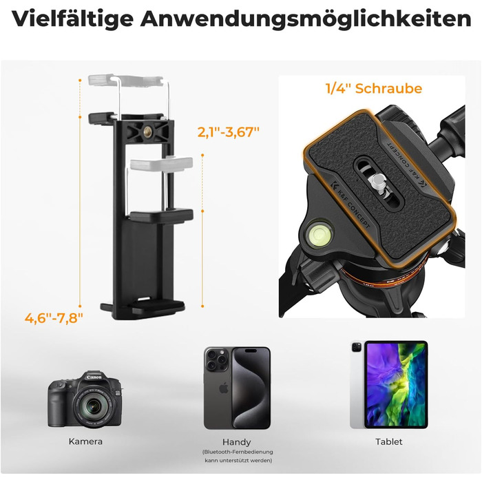 Штатив K&F Concept S255A3+BH-36, 190 см, для камери/DSLR/Camcorder, з тримачем для смартфона/планшета, чорний