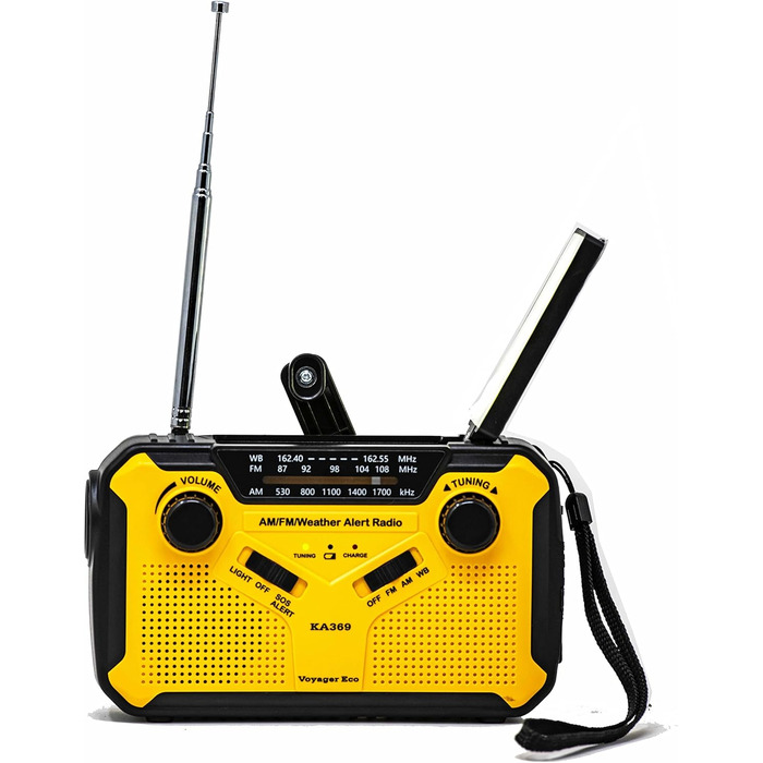 Радіо Kaito Voyager ECO з сонячною панеллю та ручним генератором, AM/FM/NOAA, LED-ліхтарик, USB-зарядка для телефону