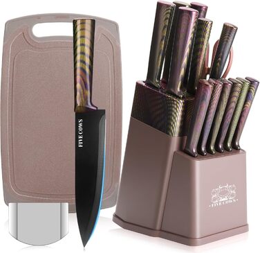 Набір кухонних ножів Messerblock 16 предметів з дерев'яною підставкою, дощечкою, захистом пальців, точилкою та кухонними ножицями. Професійний набір ножів для дому (зелений/рожевий)