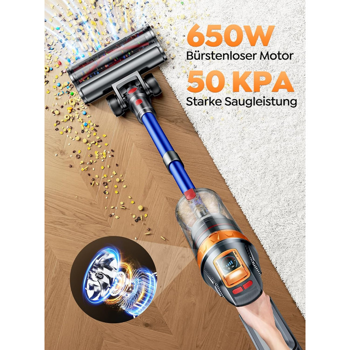 SMOTURE Бездротовий пилосос 650W, 50KPA, для видалення шерсті тварин, 60 хв роботи, самостійна підставка, зарядка на стіні, автоматичний режим для килима/підлоги