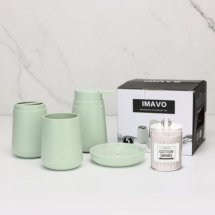 Набір аксесуарів для ванної кімнати IMAVO 4 шт: тримач для зубних щіток, стаканчик, дозатор мила, мильниця. Зелений колір