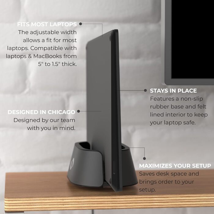 HumanCentric Adjustable Laptop Stand & Dock - Leather & Aluminum Black - Vertical Stand for MacBook Pro & Laptops (0.5' - 1.5')