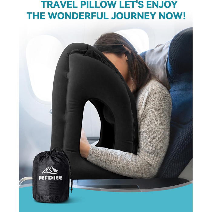 JefDiee Inflatable Neck Pillow Travel Airplane, Portable Travel Pillow, Neck Support Pillow Comfortably Supports Head and Chin, Pillow for Trains, Cars, Office, Home, with 3D Eye Mask, Earplugs (Black)